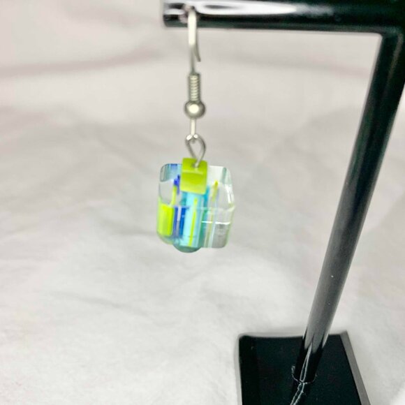 Handmade Art Glass Dangle Earrings Fused Cube Jewelry Blue Yellow Green Abstract - Picture 2 of 5